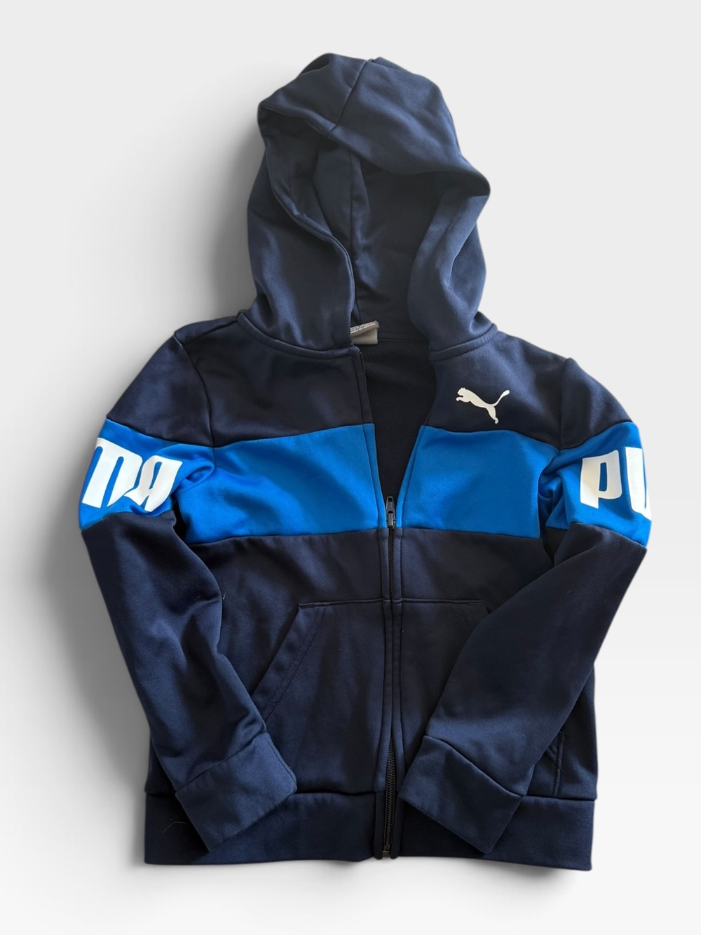 Puma Boys Navy Blue Colorblock Full Zip Hoodie Sweatshirt Bold Logo Kids S